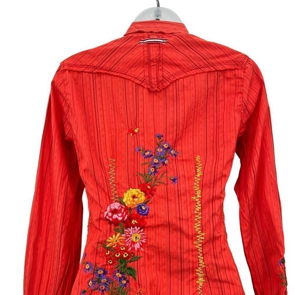 Johnny Was 3 J Workshop Women's XS Button Down Shirt Coral Embroidered Blouse - Picture 8 of 15